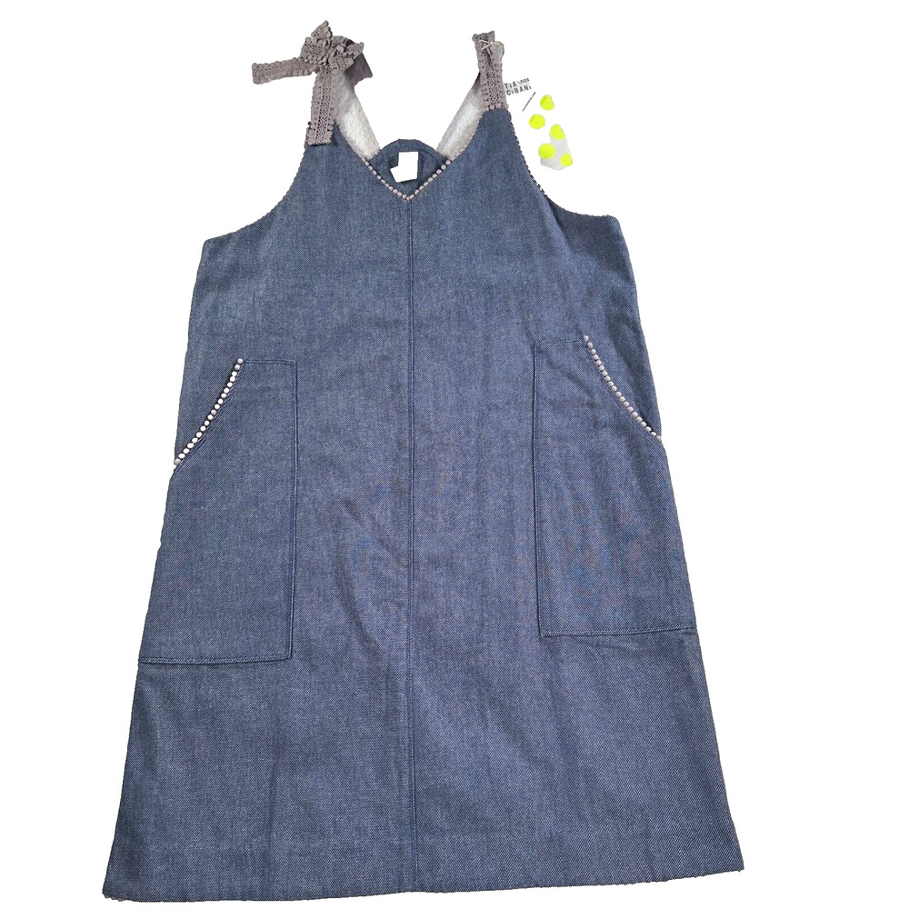 Tia Cibani Kids Girls 9/10 Year Old Apron Denim Dress Lace Bow Shift Blue New
